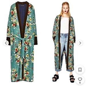 NWOT Zara Teal Floral Print Kimono Duster Gown Coat- S/M